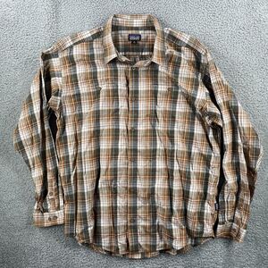 Patagonia Shirt Mens Large L Brown Orange Plaid Flannel Organic Cotton